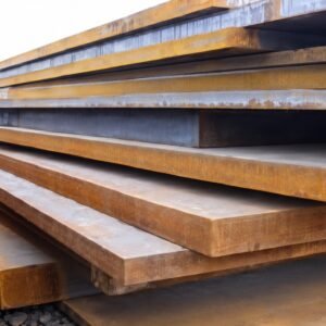 Stacked ASTM A242 weathering steel plates with characteristic rust patina